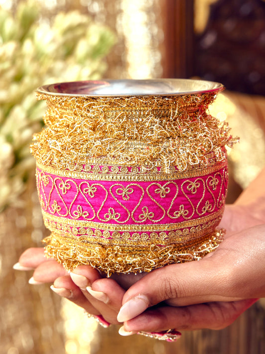 Tota Maina rani pink Karwa Chauth kalash with dori embroidery and romantic bird-and-floral motifs