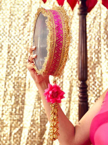 Tota Maina Essential Karwa Chauth Pooja Hamper - Rani Pink (Thali Without Latkan)