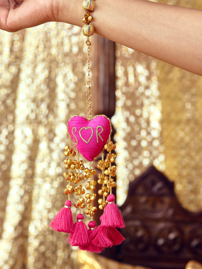 Custom Initial Rani Pink Ghungroo Bracelet (Single Hand)