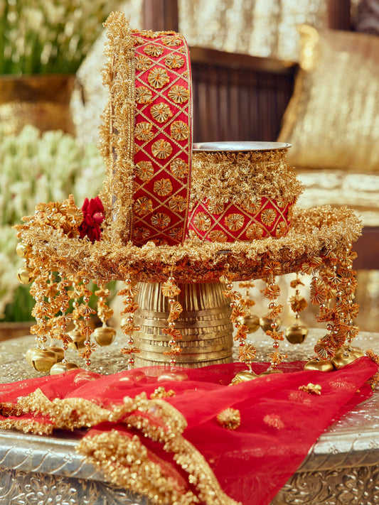 Chamak red Karwa Chauth pooja hamper displayed as a coordinated handcrafted set