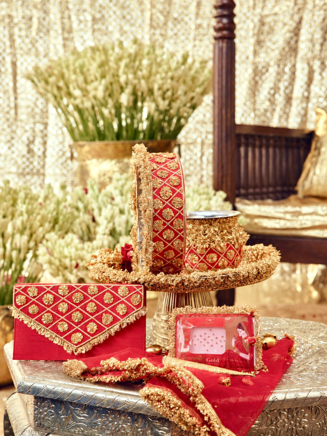 Chamak Essential Karwa Chauth Full Pooja Hamper - Red (Thali Without Latkan)
