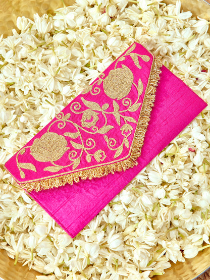 Tota Maina rani pink Karwa Chauth envelope with dori embroidery and romantic bird-and-floral motifs