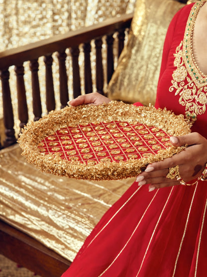 Chamak Karwa Chauth Thali - Red (Without Latkan)