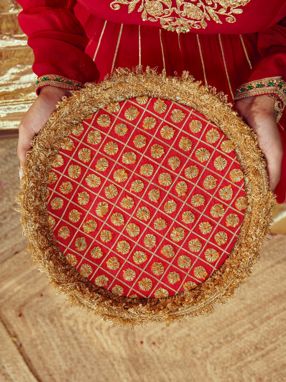 Chamak Karwa Chauth Thali - Red (Without Latkan)