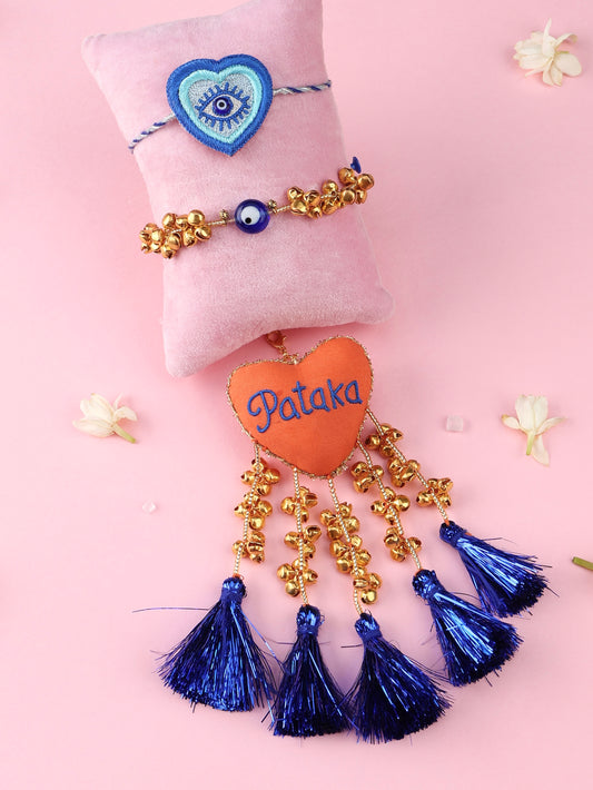 Evil Eye Heart Blue Rakhi and Pataka Lumba - Bhai Bhabhi Rakhi Set  by Tonoto
