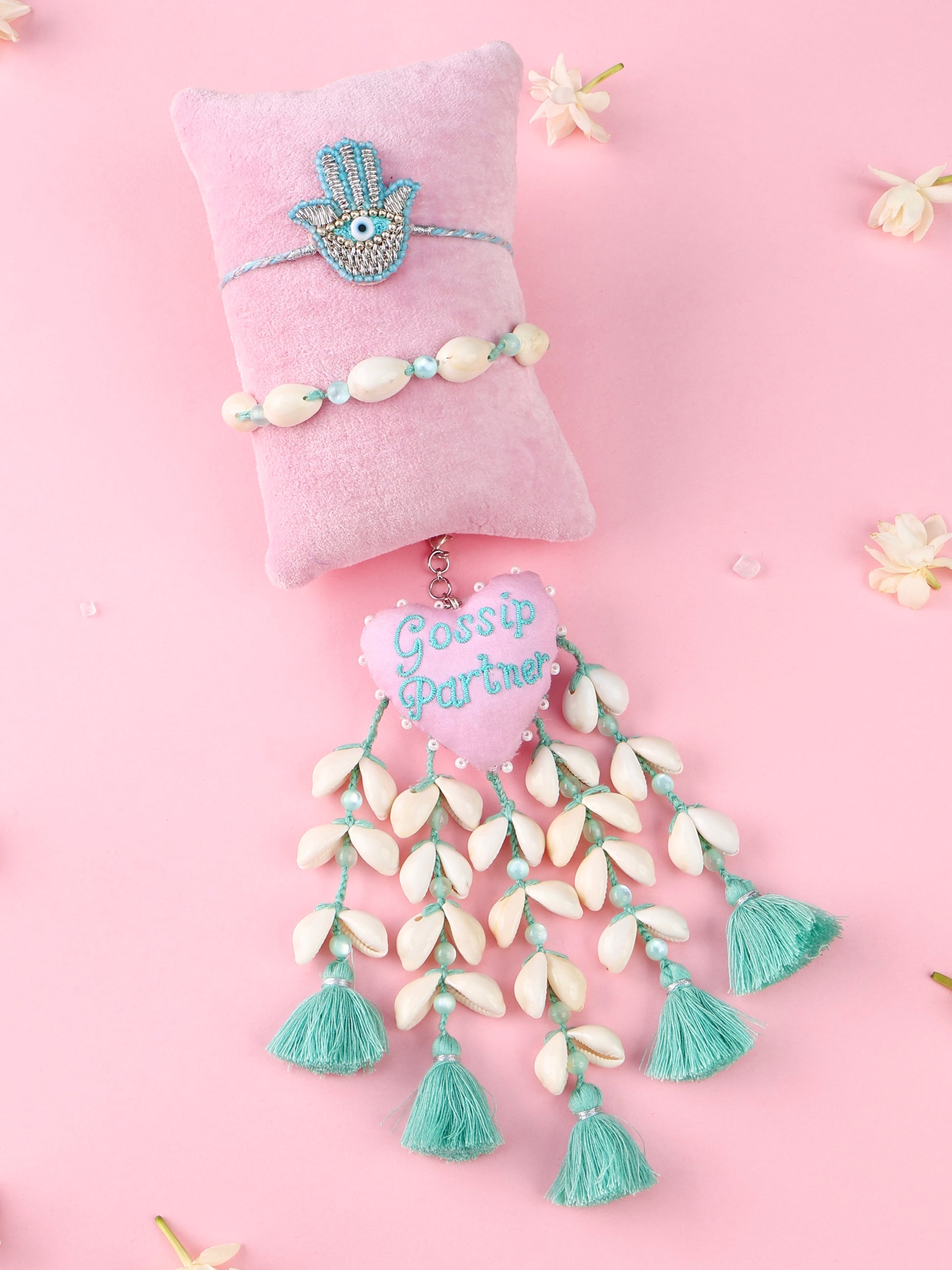 Pastel Blue Hamsa Rakhi and Gossip Partner Lumba - Bhai Bhabhi Rakhi Set  by Tonoto