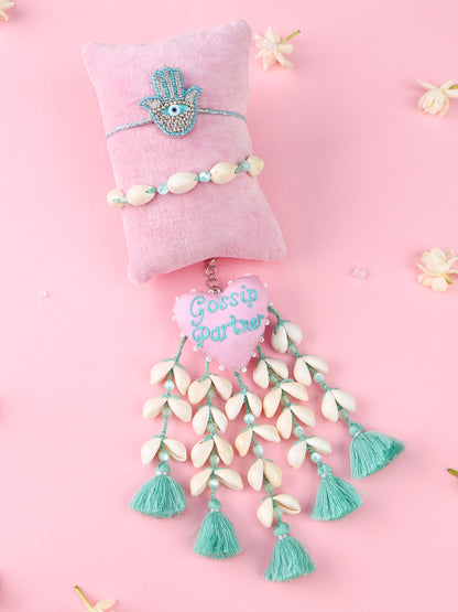 Pastel Blue Hamsa Rakhi and Gossip Partner Lumba - Bhai Bhabhi Rakhi Set  by Tonoto
