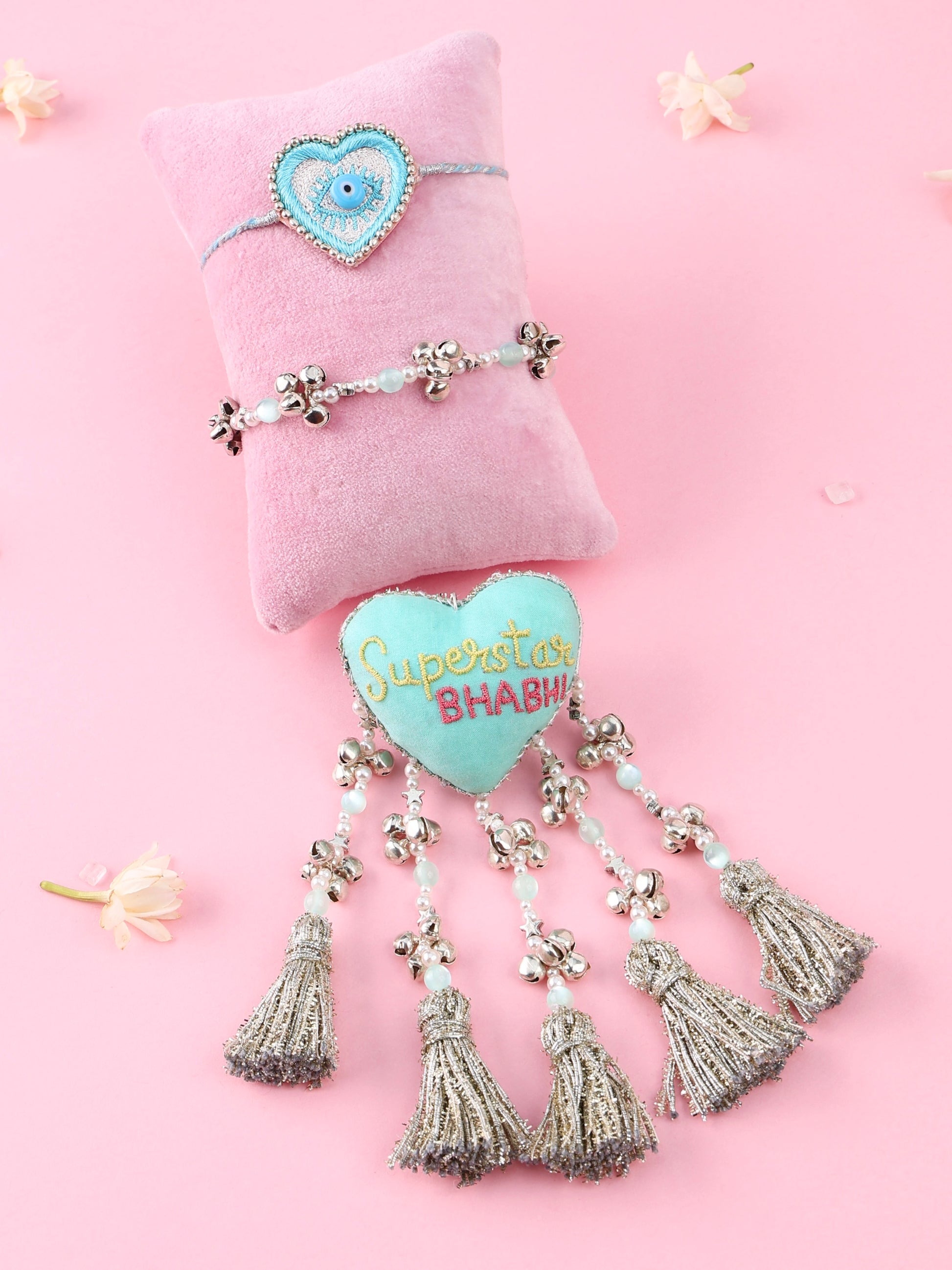 Evil Eye Heart Pastel Rakhi and Superstar Bhabhi Lumba - Bhai Bhabhi Rakhi Set  by Tonoto