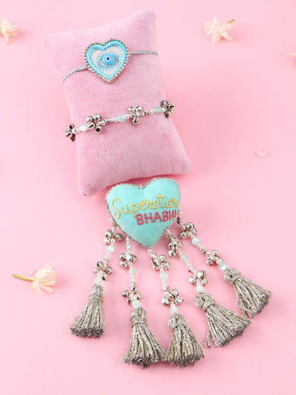 Evil Eye Heart Pastel Rakhi and Superstar Bhabhi Lumba - Bhai Bhabhi Rakhi Set  by Tonoto