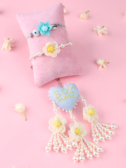 Floral Blue Evil Eye Rakhi and Boy Mom Lumba - Bhai Bhabhi Rakhi Set  by Tonoto