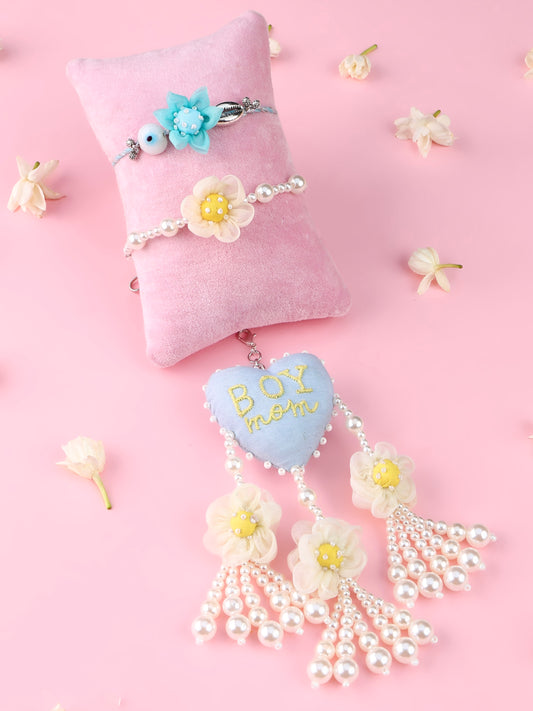 Floral Blue Evil Eye Rakhi and Boy Mom Lumba - Bhai Bhabhi Rakhi Set  by Tonoto