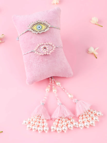 Evil Eye Yellow Rakhi and Evil Eye Flat Pink Lumba -Bhai Bhabhi Rakhi Set  by Tonoto