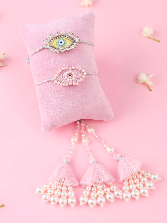 Evil Eye Yellow Rakhi and Evil Eye Flat Pink Lumba -Bhai Bhabhi Rakhi Set  by Tonoto