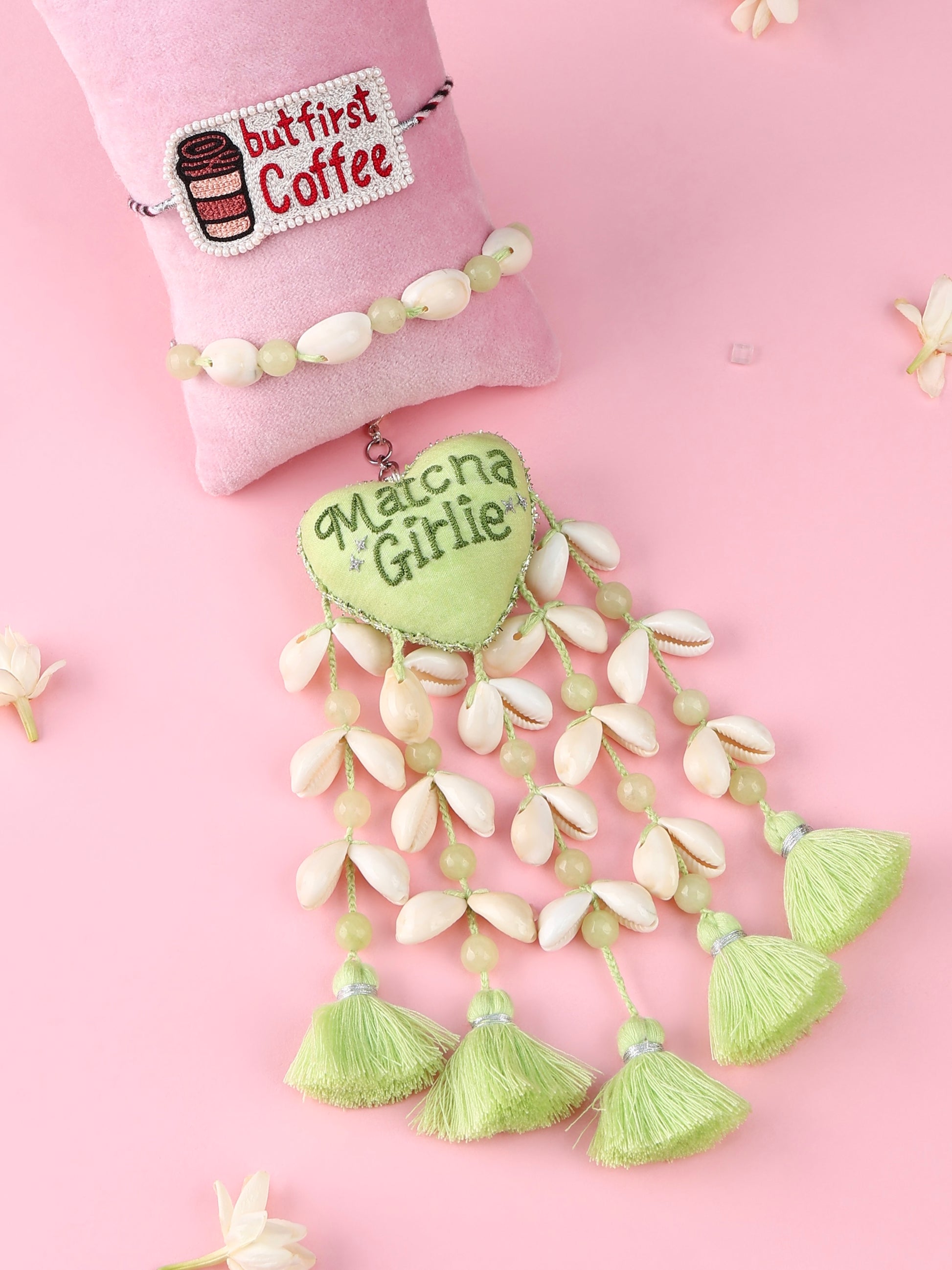 But First Coffee Rakhi and Matcha Girlie Lumba - Bhai Bhabhi Rakhi Set  by Tonoto