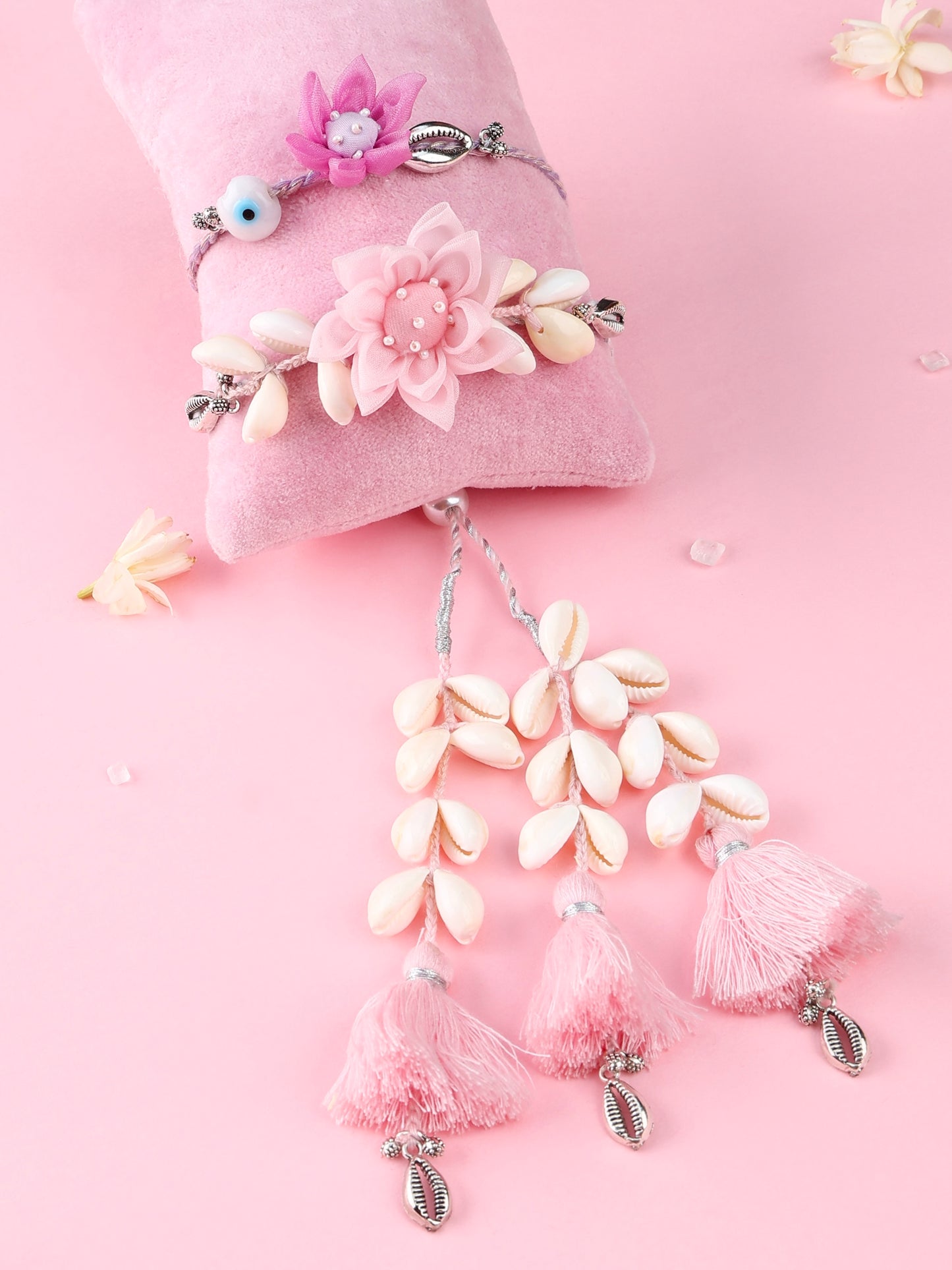 Floral Lilac Evil Eye Rakhi and Floral Cowrie Shell Pink Lumba - Bhai Bhabhi Rakhi Set  by Tonoto