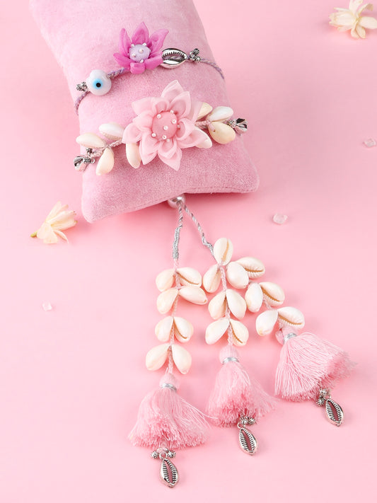 Floral Lilac Evil Eye Rakhi and Floral Cowrie Shell Pink Lumba - Bhai Bhabhi Rakhi Set  by Tonoto