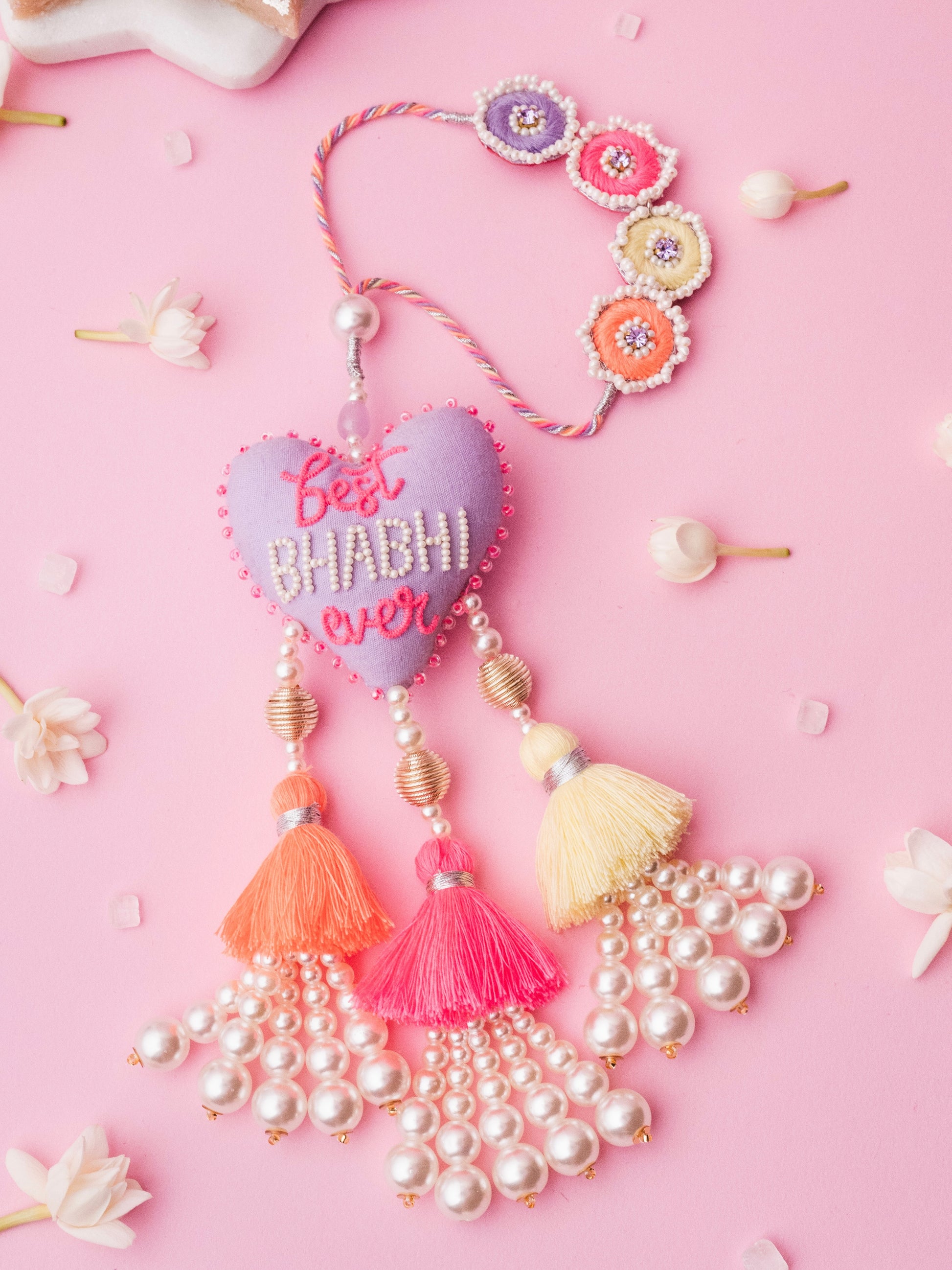 Decorative best bhabhi ever lumba with pearl and tassel detail