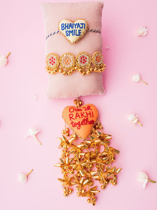 Decorative bhaiyaji smile rakhi and our 1st rakhi together lumba combo with ghungaroo detail