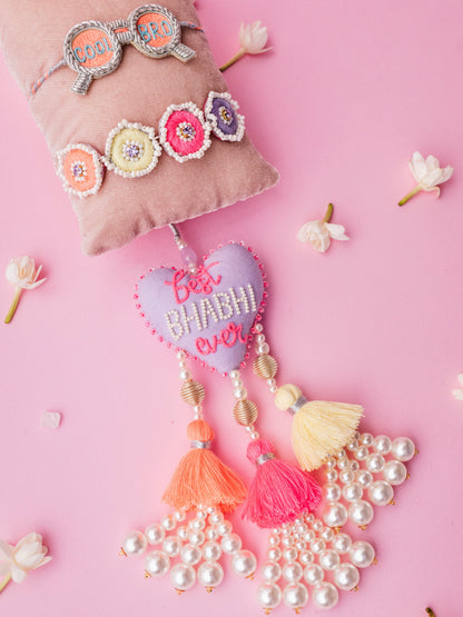 Describe cool bro rakhi and best bhabhi ever lumba combo with tassel and pearl detail