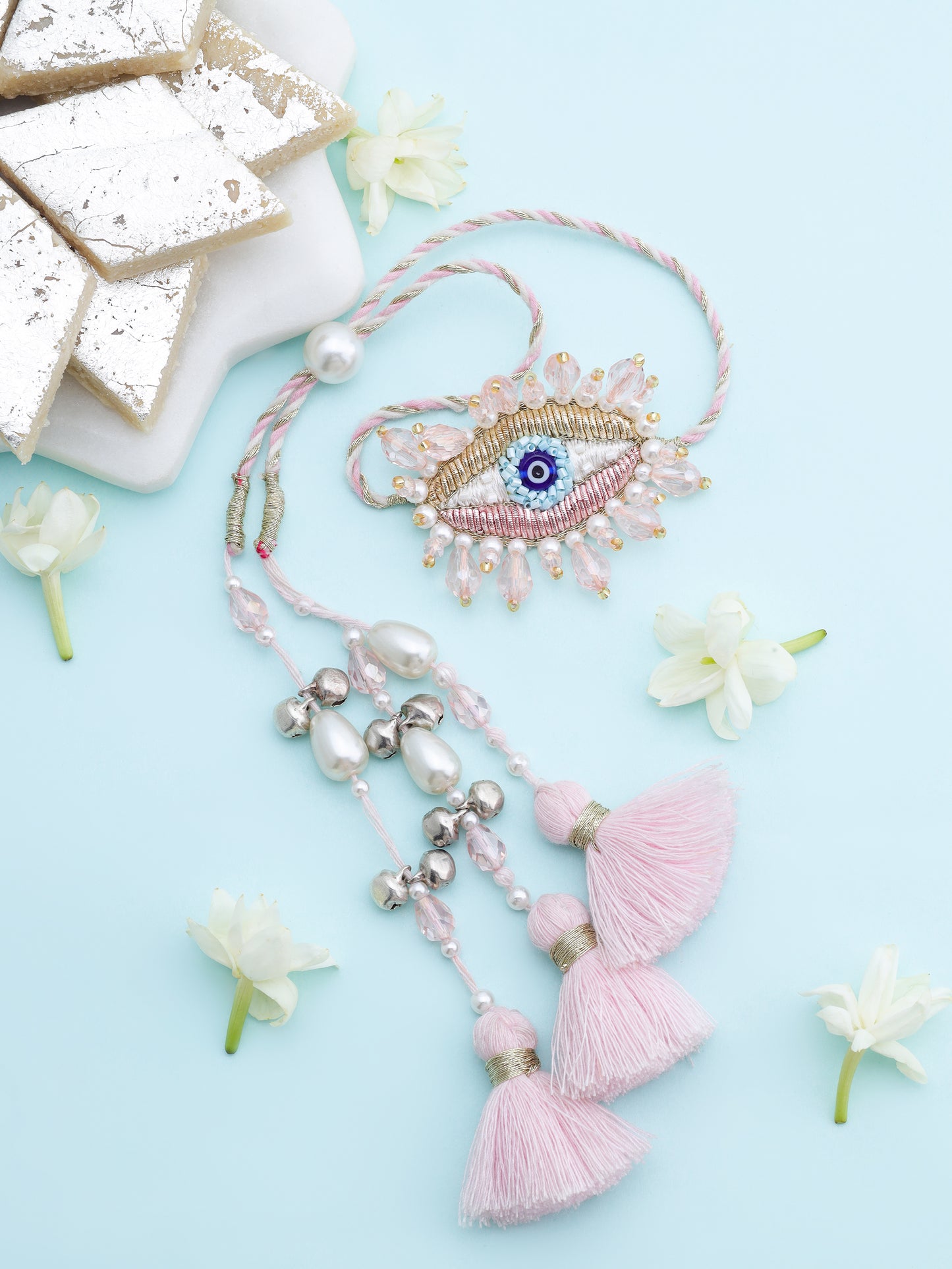 Evil Eye Hamsa Blue Brother Rakhi & Evil Eye Crystal Lumba Rakhi (Gift Packaging Available)