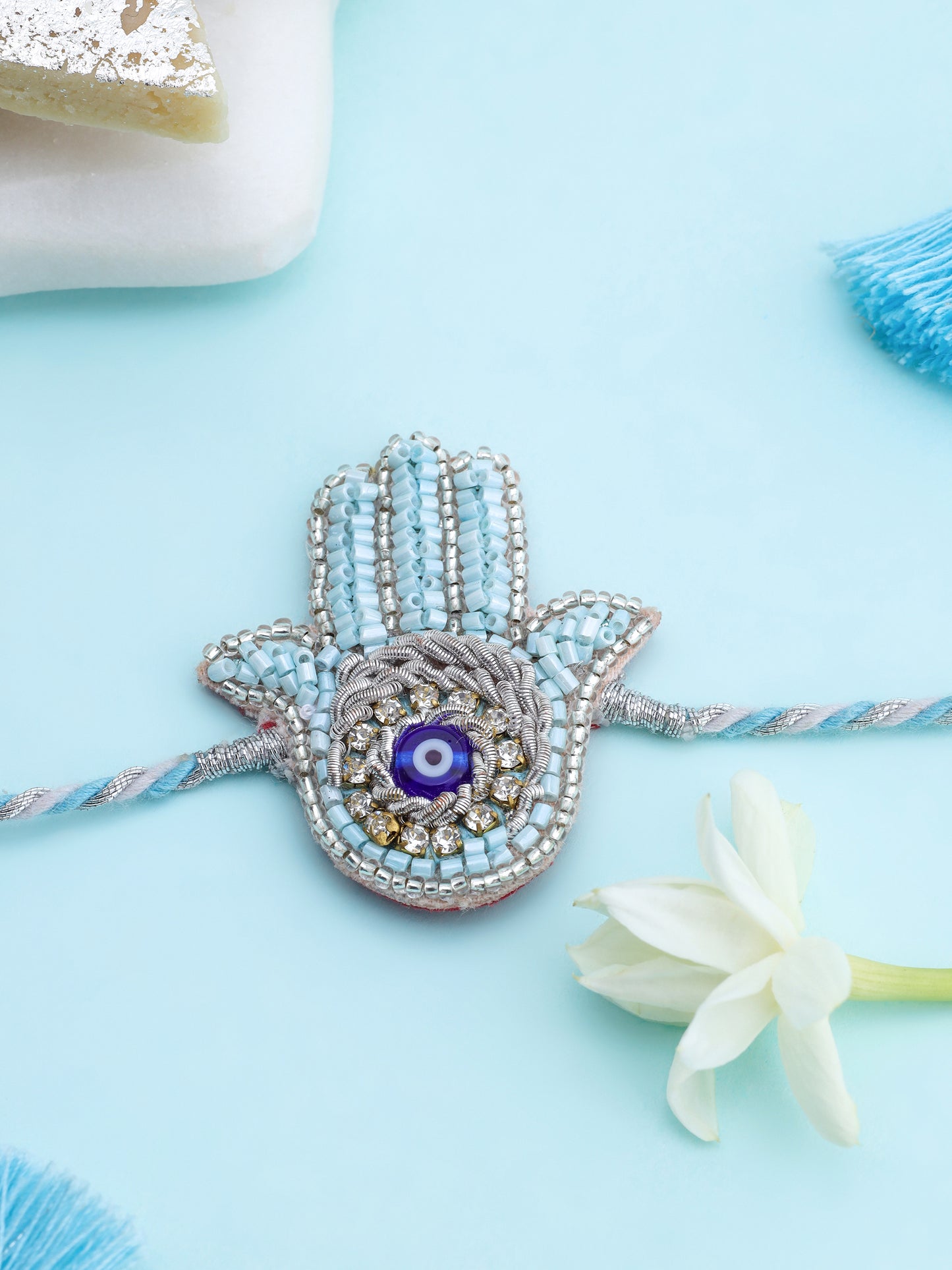 Evil Eye Hamsa Blue Brother Rakhi & Evil Eye Crystal Lumba Rakhi (Gift Packaging Available)