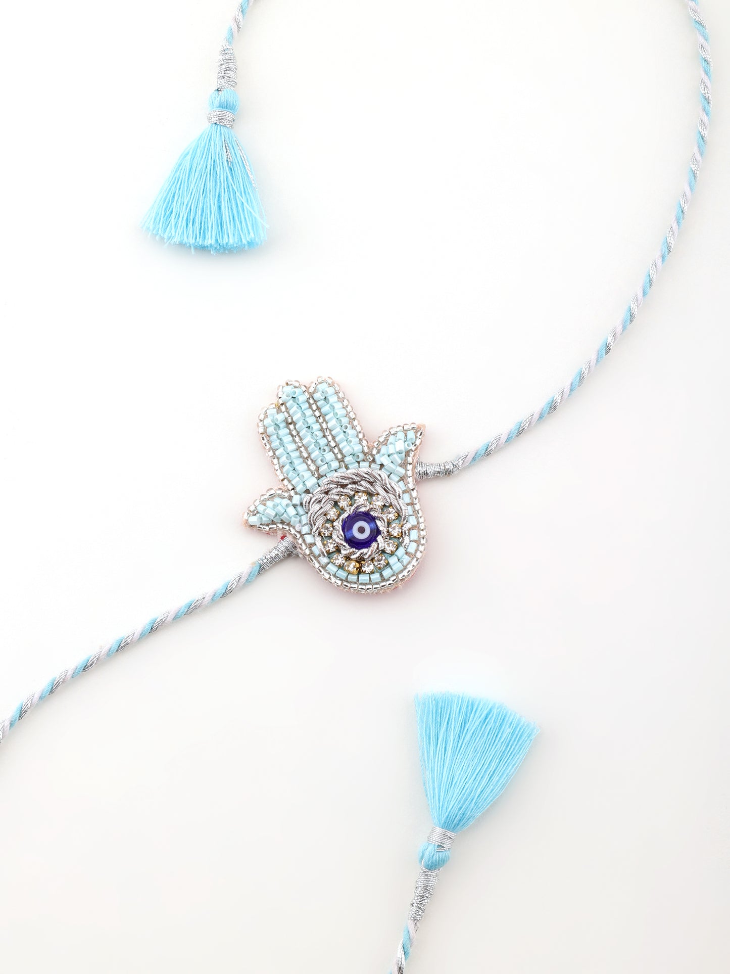 Evil Eye Hamsa Blue Brother Rakhi & Evil Eye Crystal Lumba Rakhi (Gift Packaging Available)