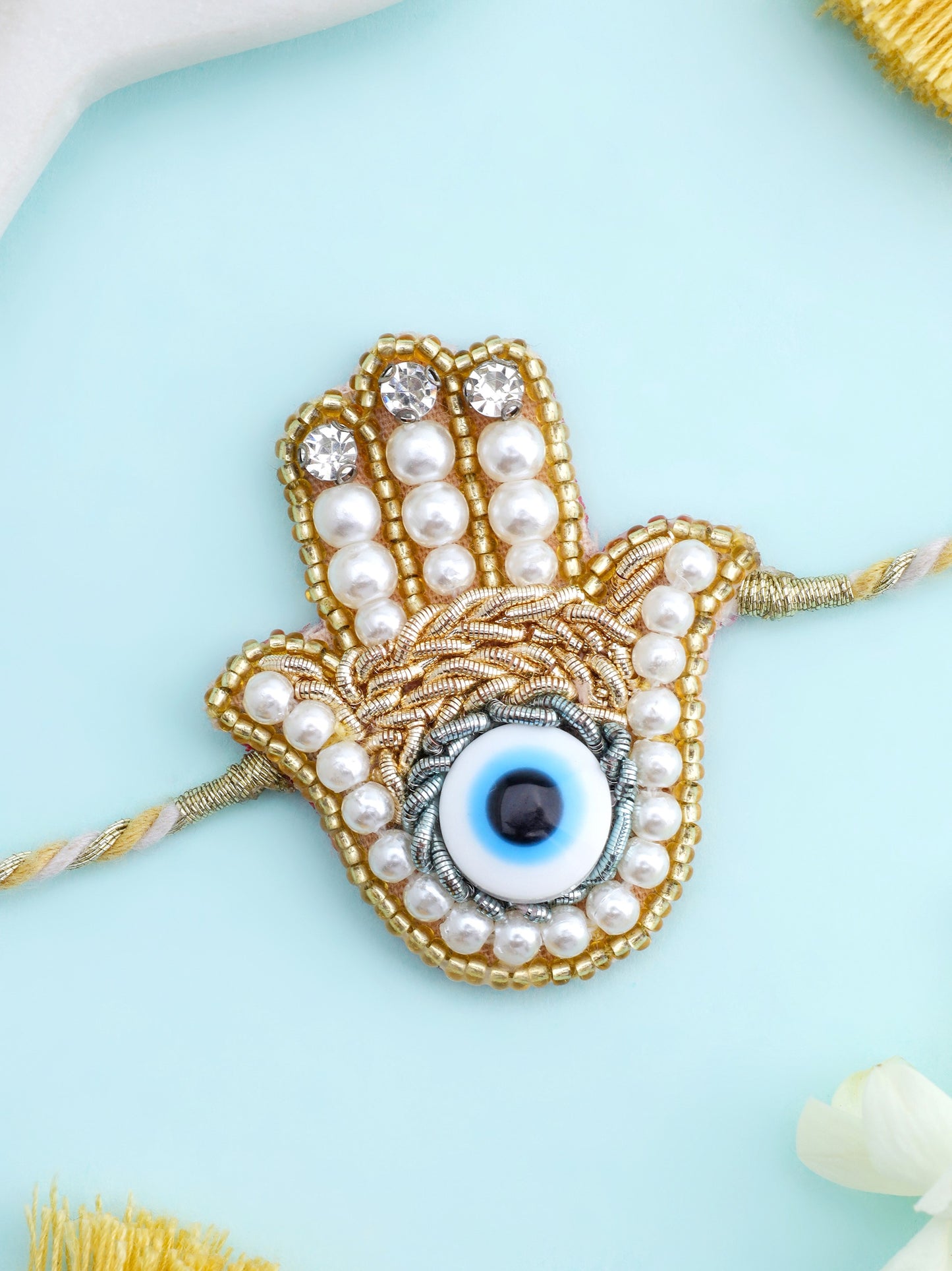 Evil Eye Hamsa Brother Rakhi - Gold (Gift Packaging Available)