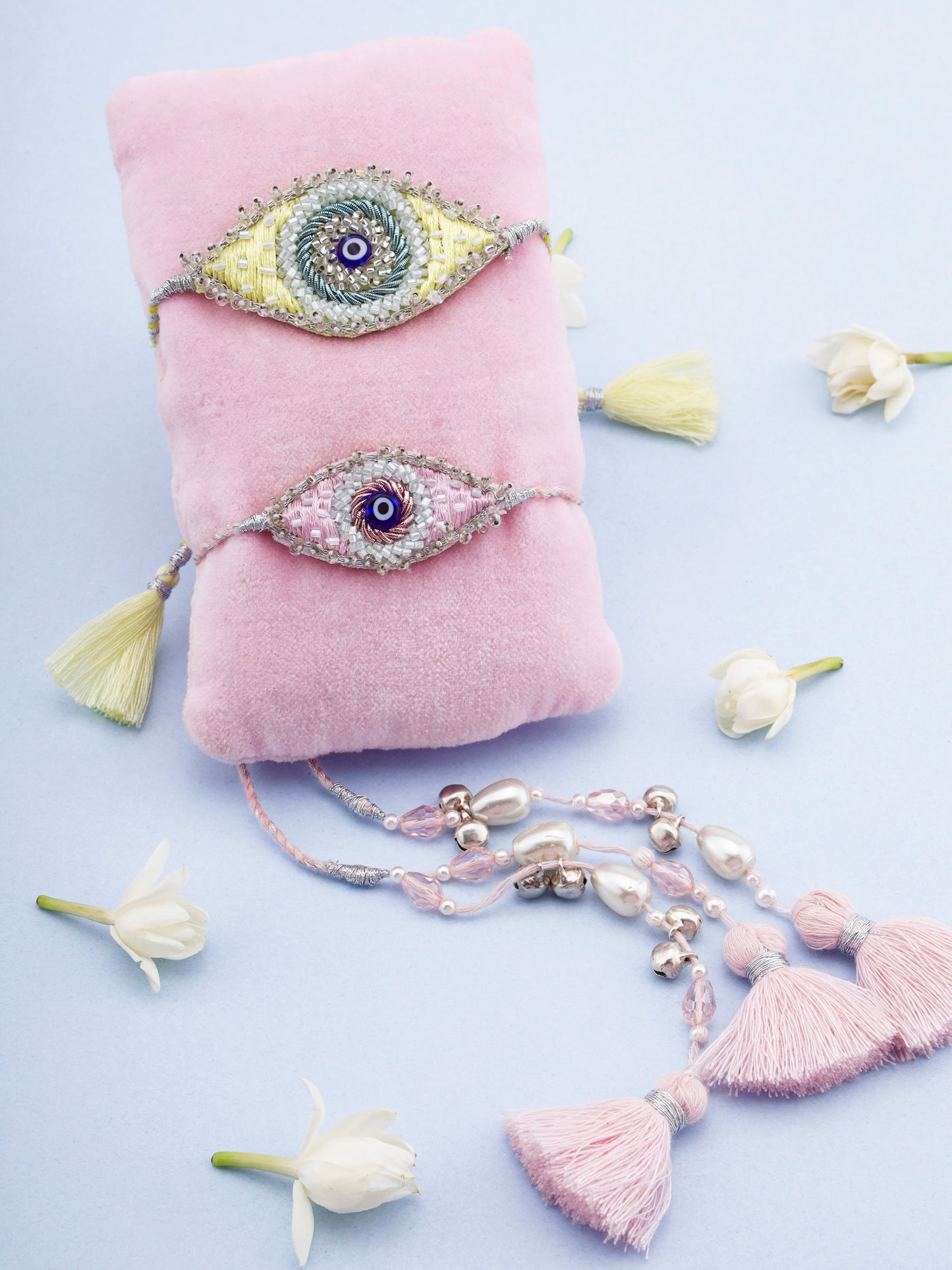 Evil Eye Yellow Rakhi & Evil Eye Pink Lumba Rakhi (Gift Packaging Available)