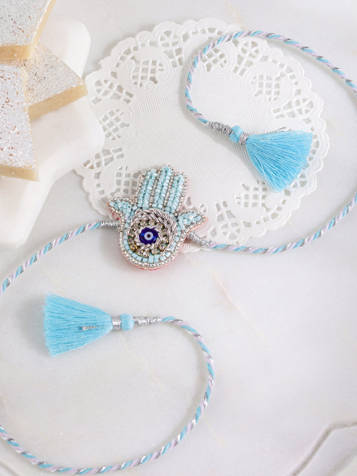 Evil Eye Hamsa Brother Rakhi - Blue (Gift Packaging Available)