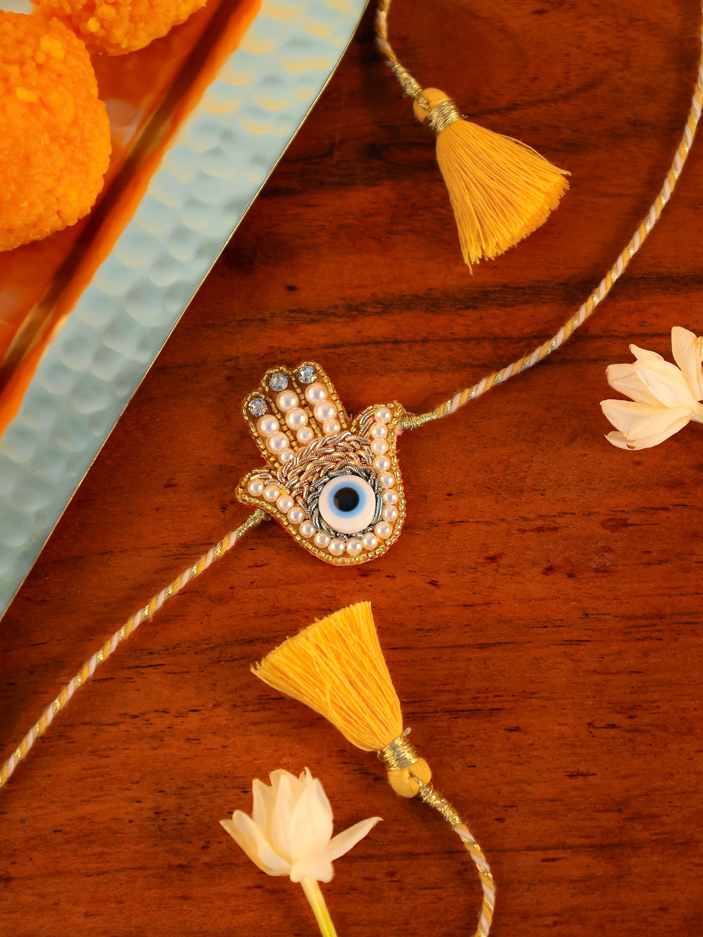 Evil Eye Hamsa Brother Rakhi - Gold (Gift Packaging Available)