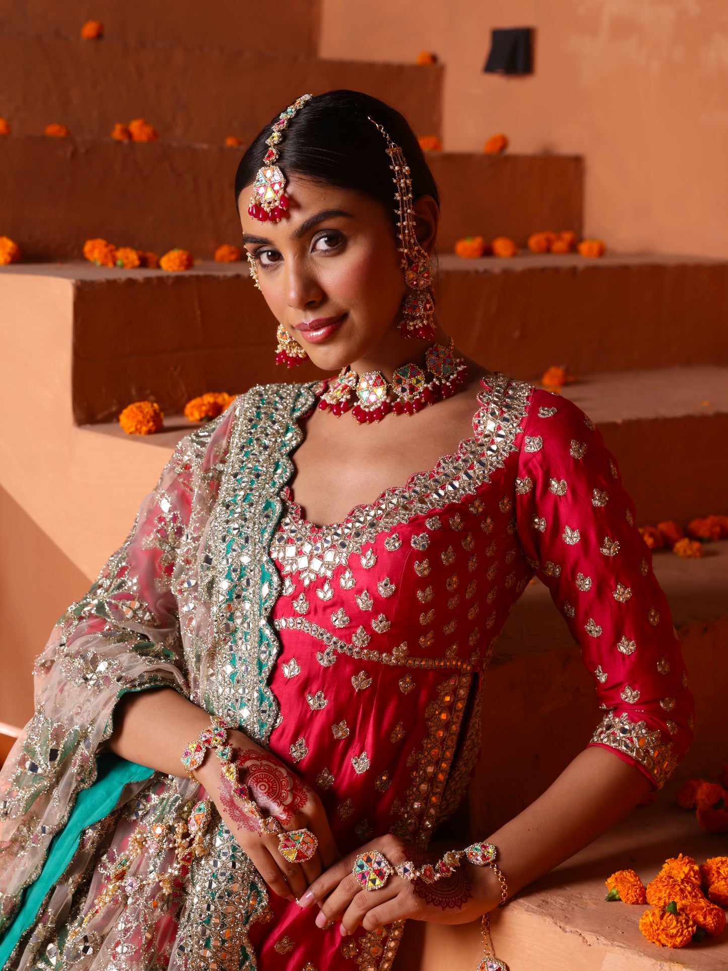 Gulaal (Jhumki Earrings with Earchain, Mangtikka, Choker & Pair of Hathphool Set)