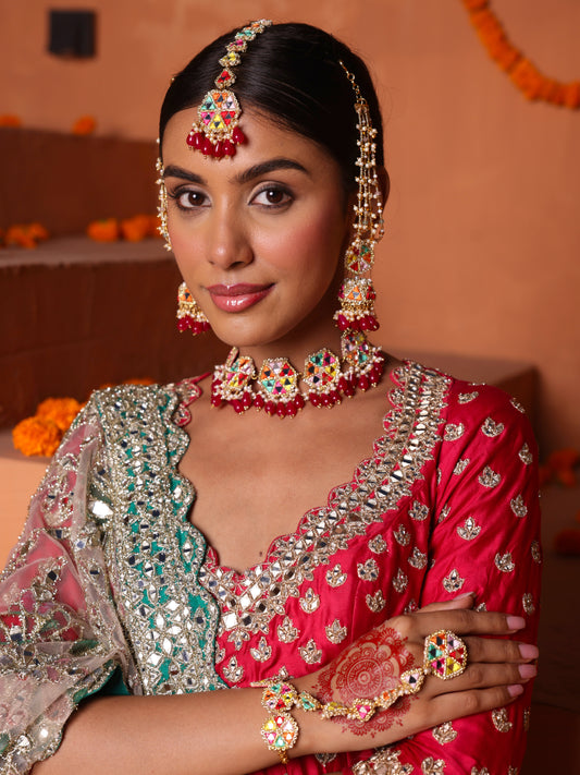 Gulaal (Jhumki Earrings with Earchain, Mangtikka, Choker & Pair of Hathphool Set)
