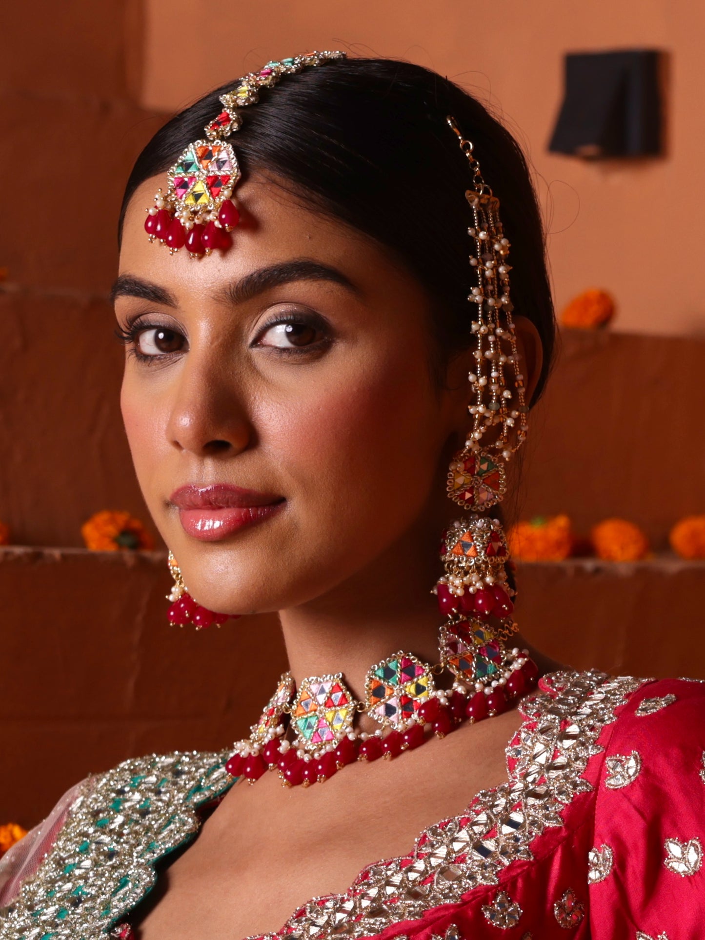 Gulaal (Jhumki Earrings with Earchain, Mangtikka & Choker Set)