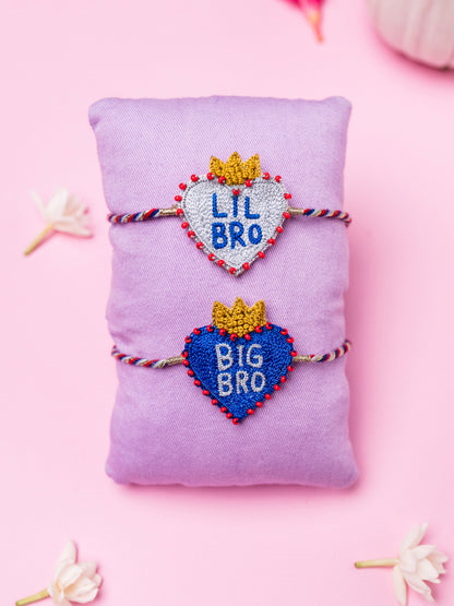 Decorative brother rakhi combo with  heart shaped lil bro and big bro text