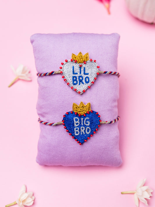 Decorative brother rakhi combo with  heart shaped lil bro and big bro text