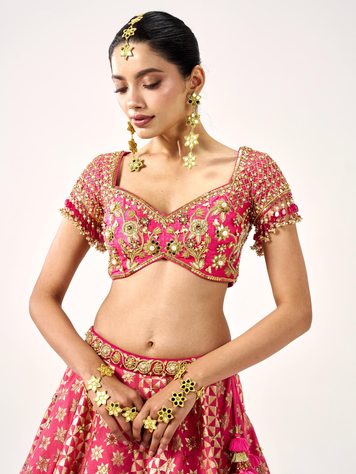 Tara Long Earrings, Mangtikka & Pair Of Hathphool Set