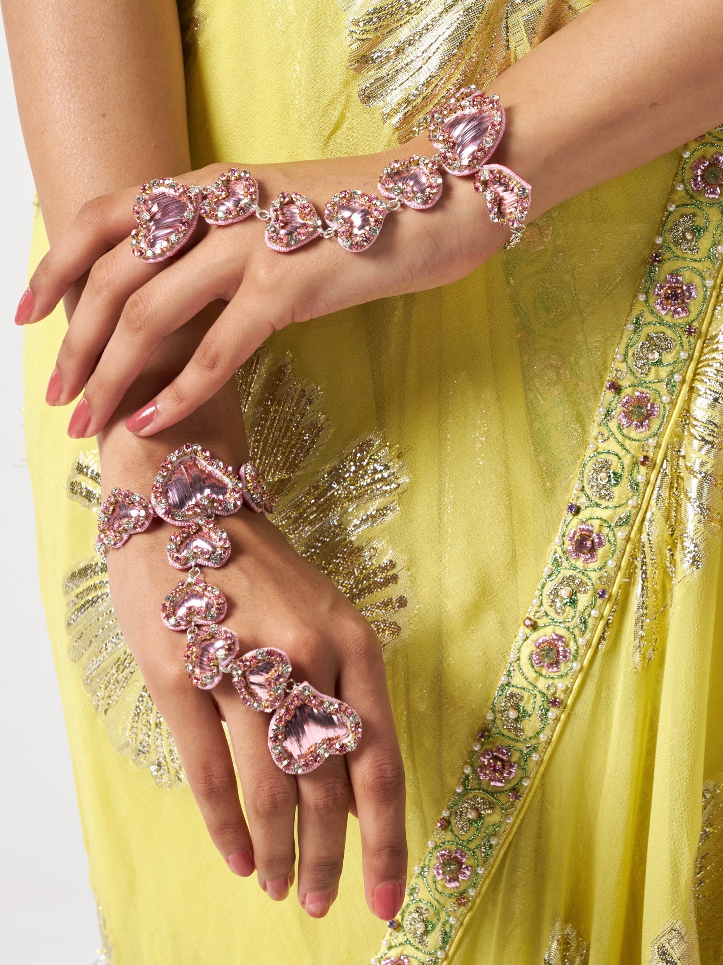 Sweetheart Sparkle Pink Dangler Earrings, Mangtikka & Pair Of Hathphool Set