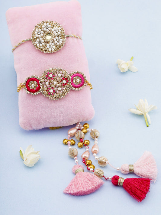 Decorative traditional gold rakhi and rose lumba combo with pearl and tassel detail