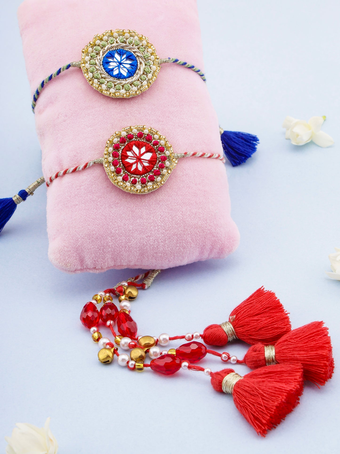 Traditional Green Rakhi & Traditional Red Lumba Rakhi (Gift Packaging Available)